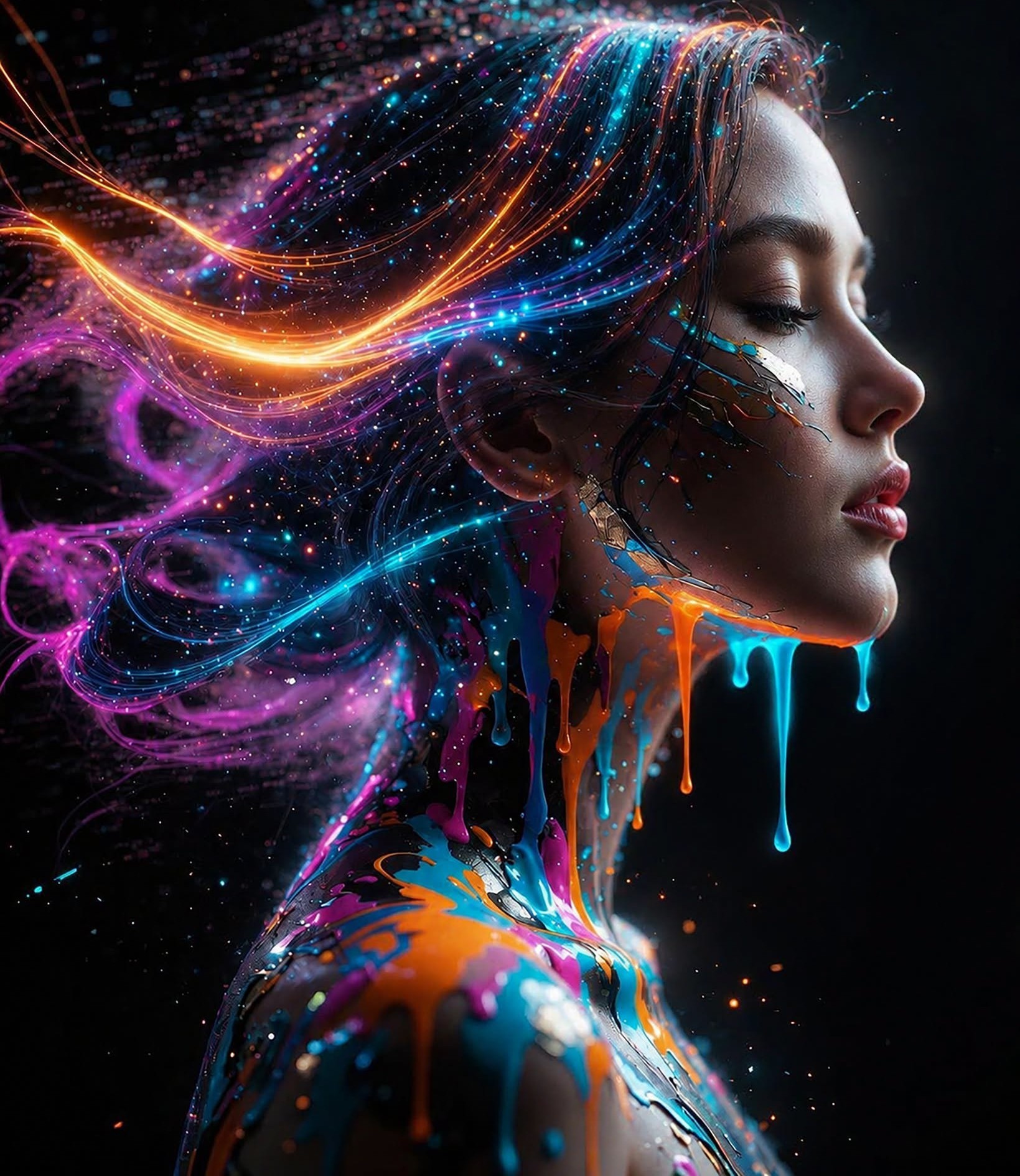Cyberpunk Serenity: Liquid Neon Portrait