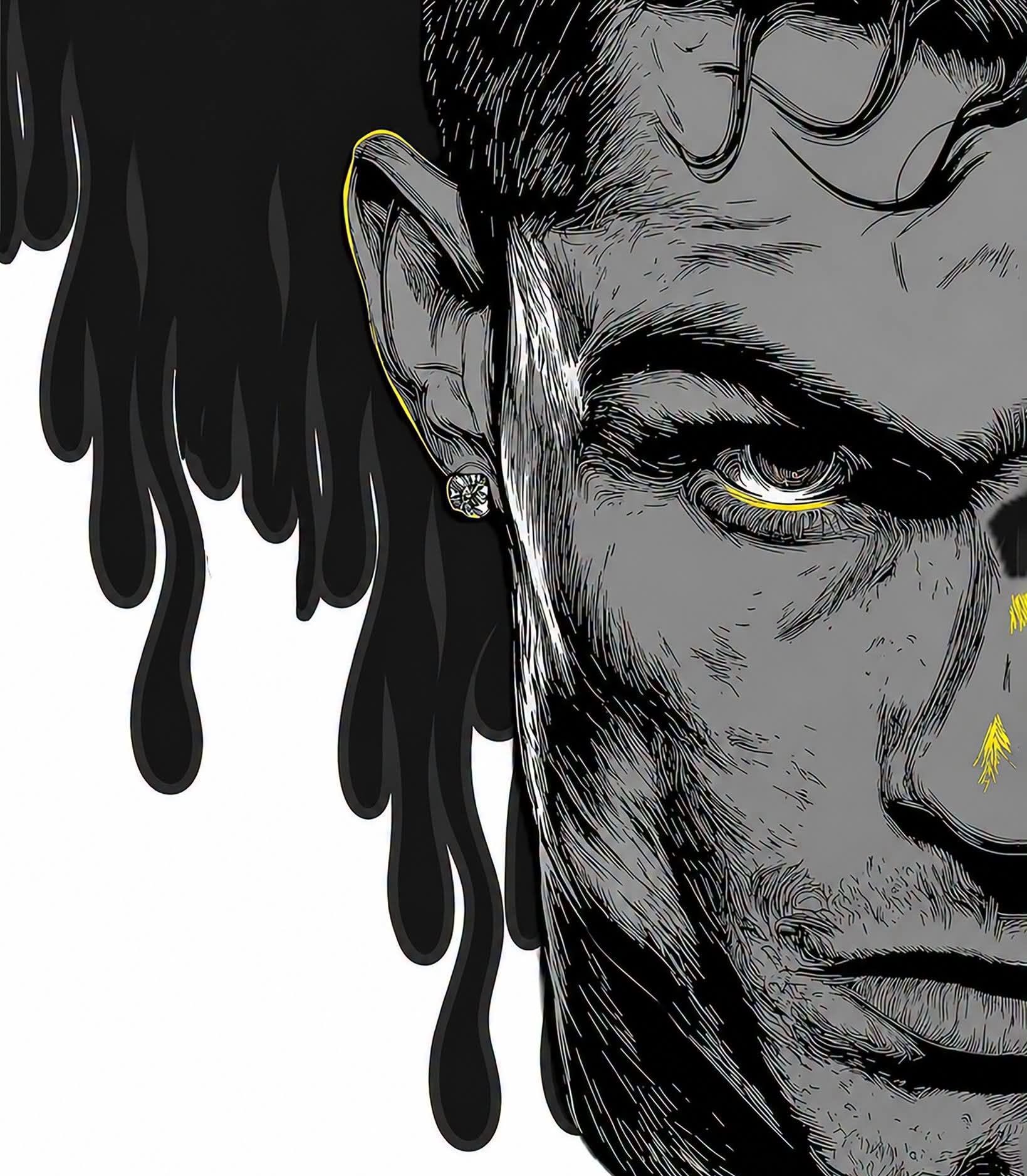 Intense Monochrome Portrait: Gold Accents & Ink Drips