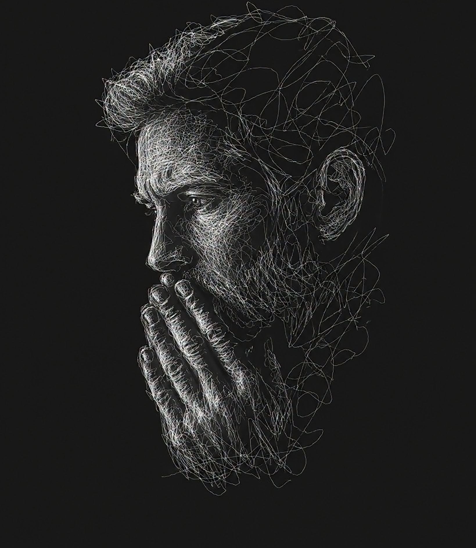 Chaotic Scribble Wireframe: Contemplative Portrait