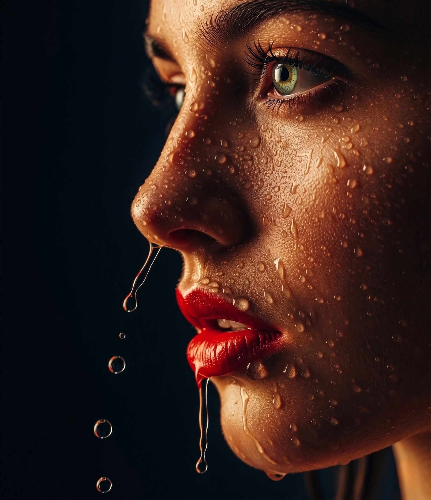 Cinematic Wet Skin, Glowing Green Eye