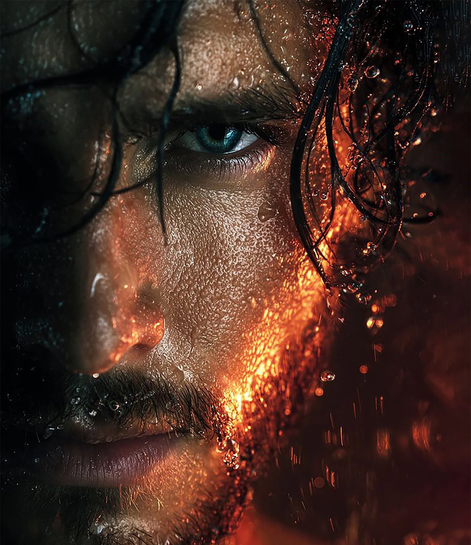 Flaming Gaze: Rain-Soaked Intensity