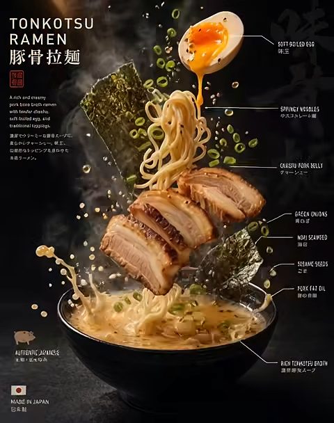Cinematic Exploded Tonkotsu Ramen Infographic