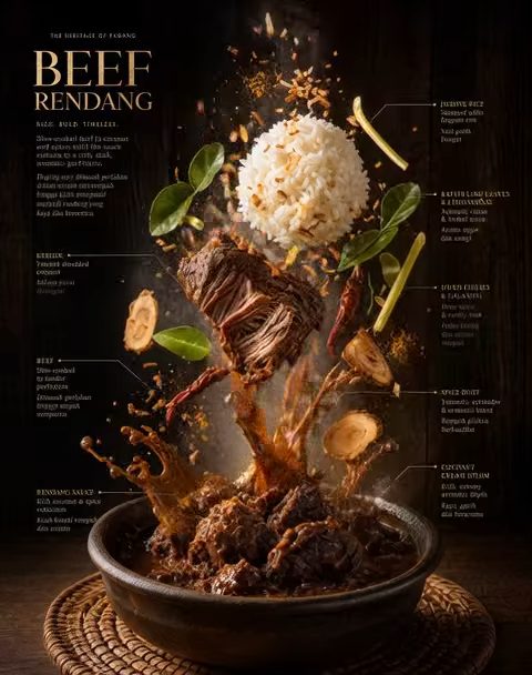 Floating Beef Rendang Cinematic Infographic