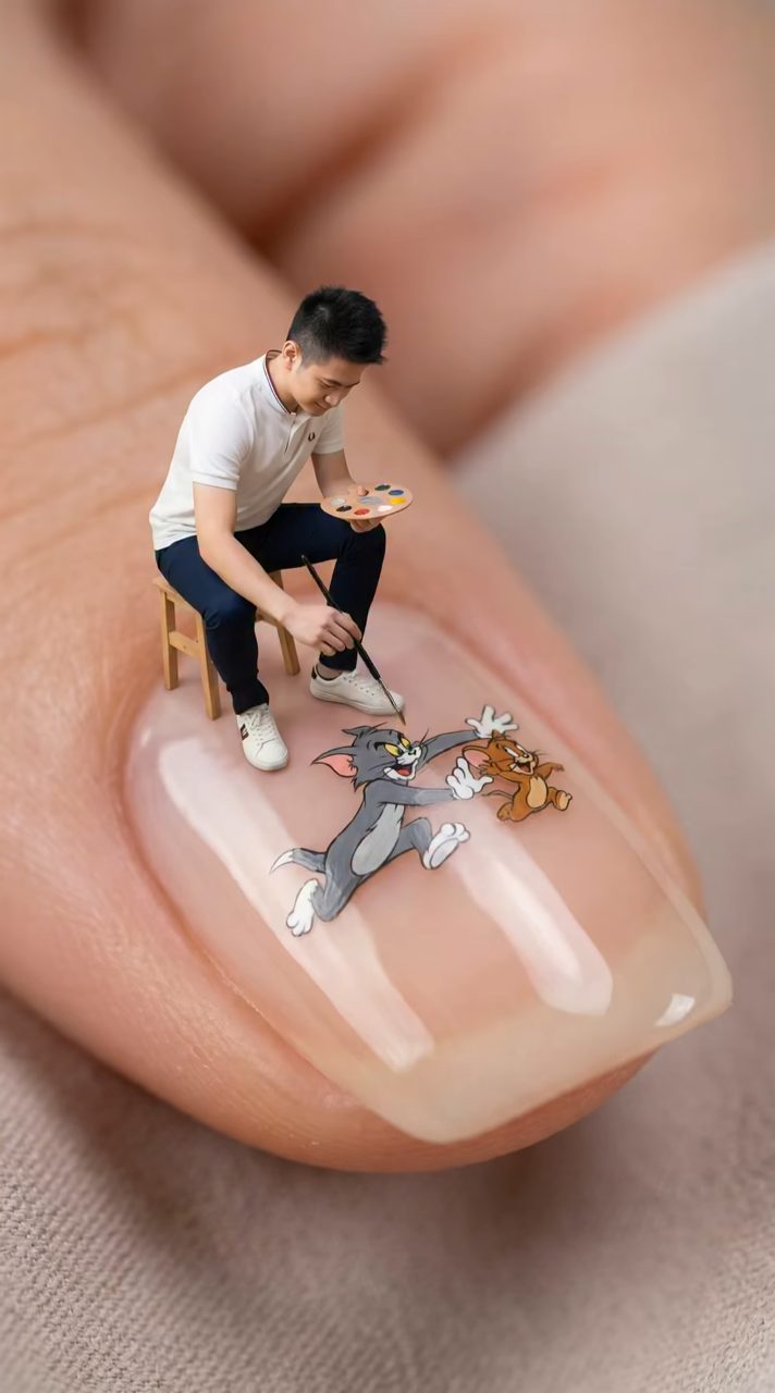 Miniature Artist Painting Tom & Jerry Nail