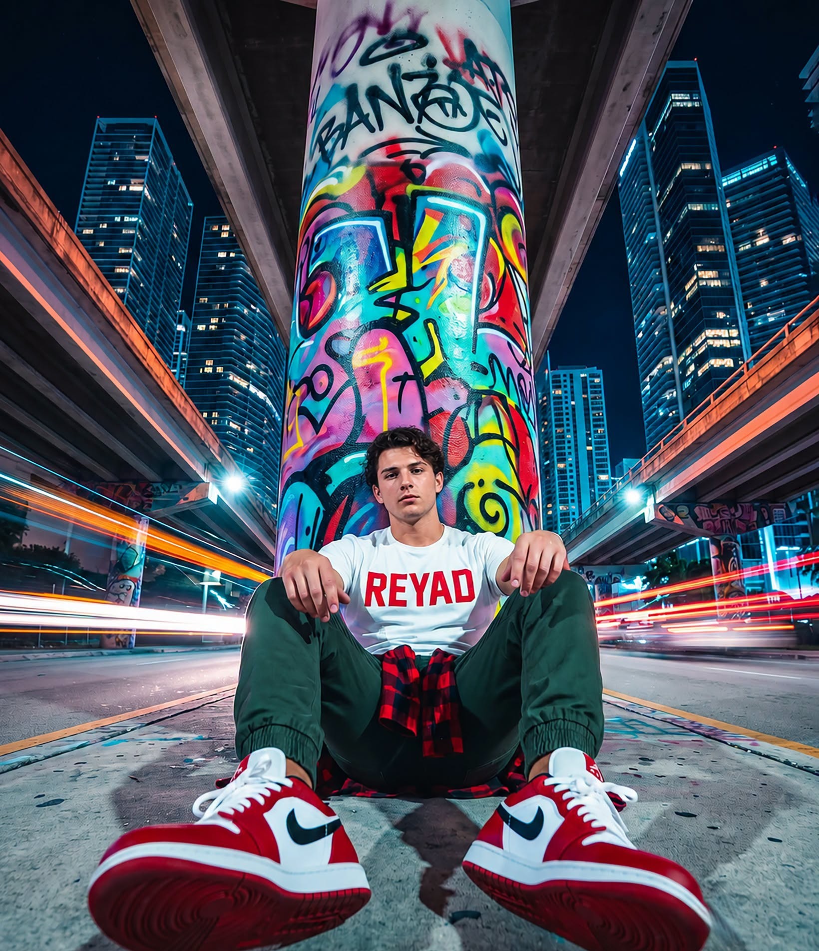 Reyad Under Neon Overpass Graffiti