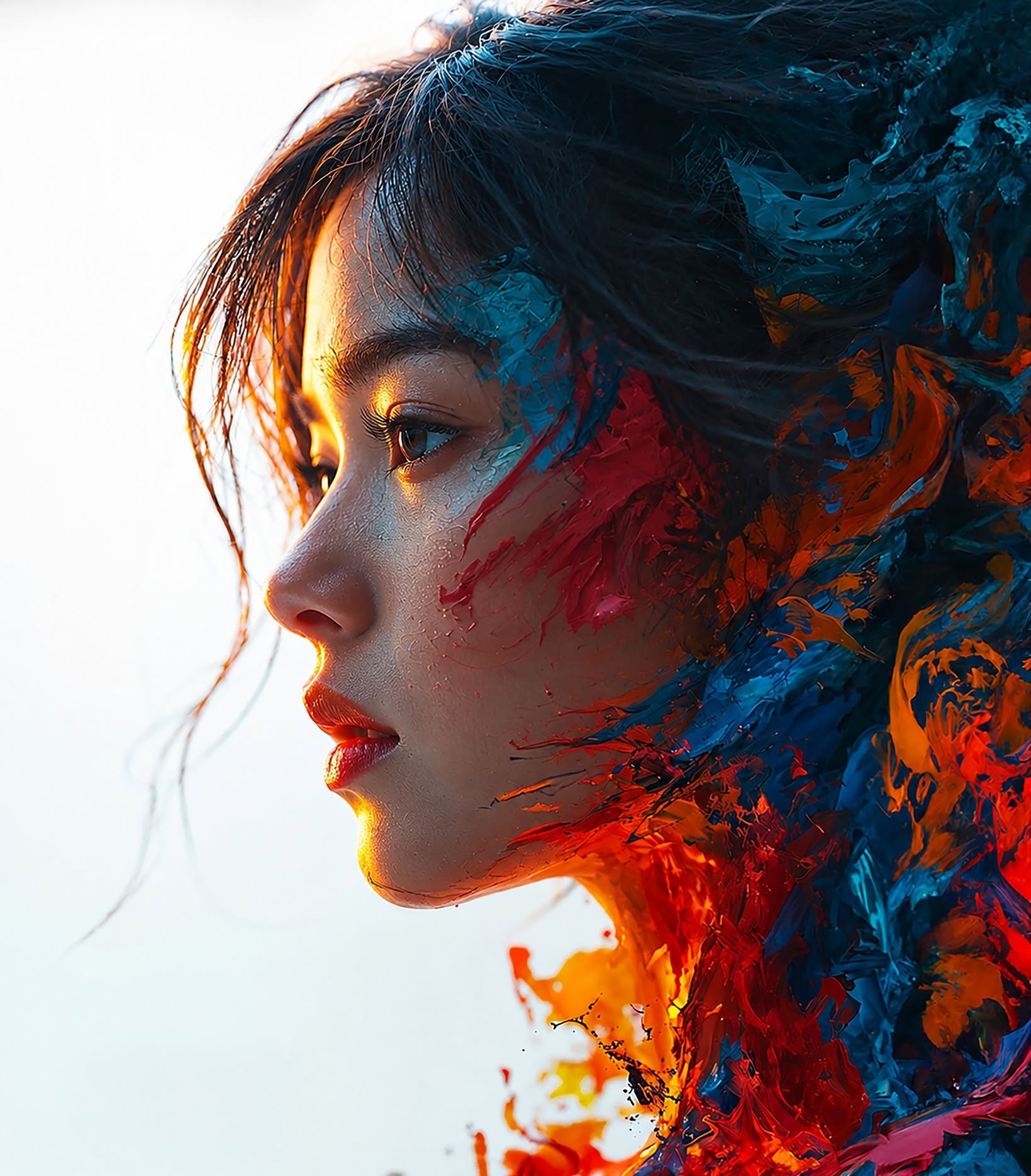 Liquid Paint Woman, Fiery Ethereal Portrait