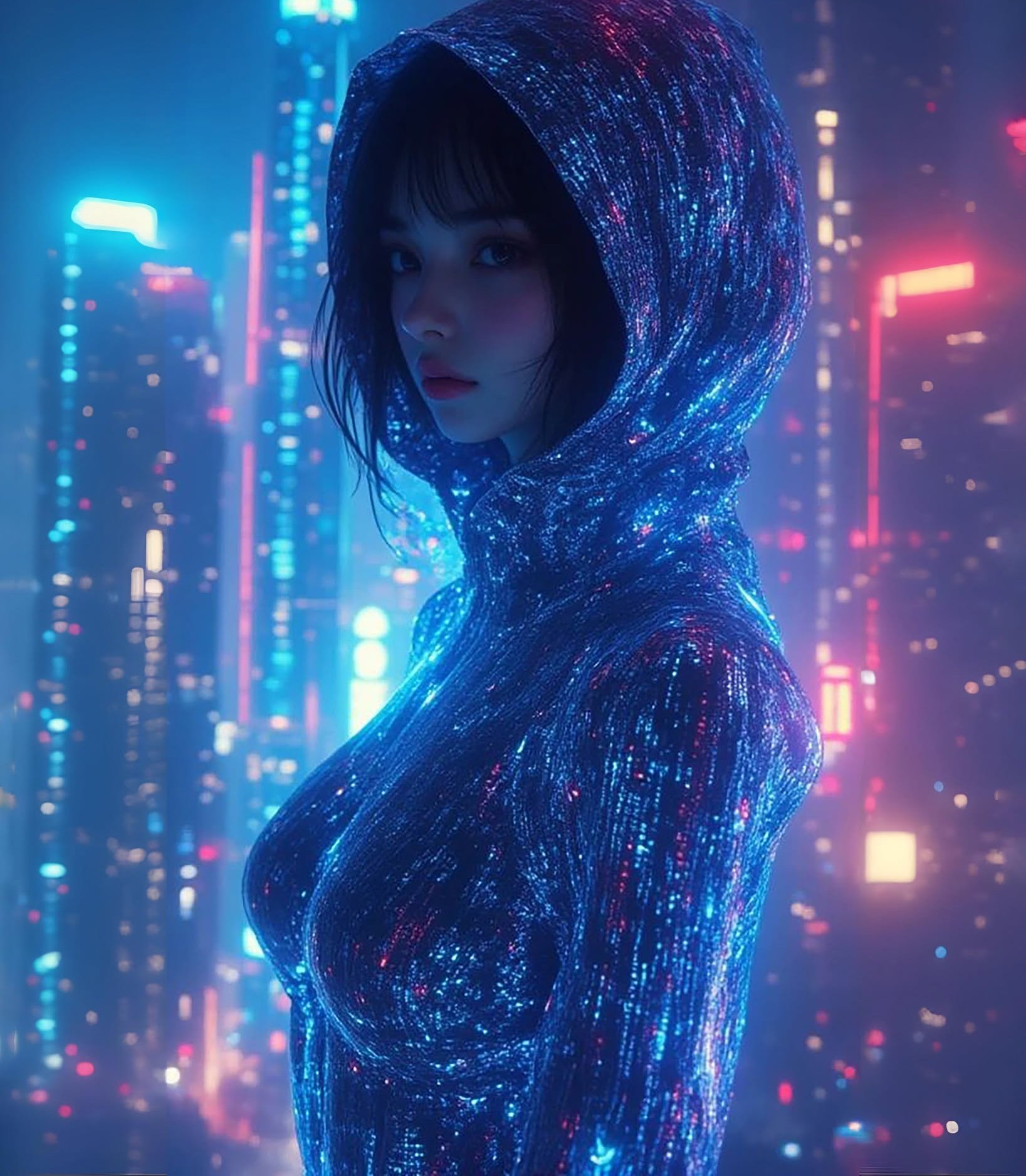 Holographic Cyberpunk Gaze in Neon Megacity
