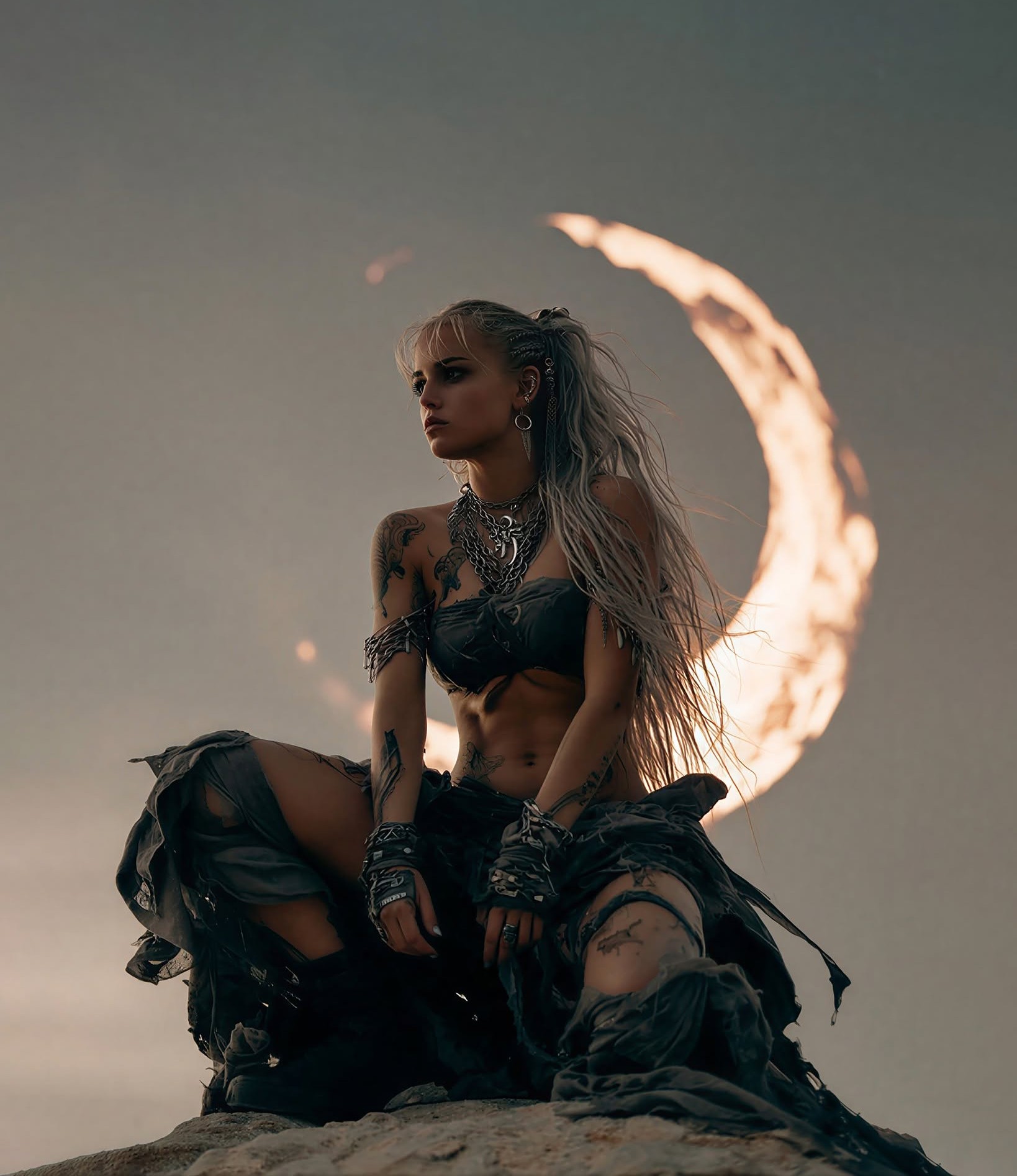 Fierce Post-Apocalyptic Warrior, Fiery Moon