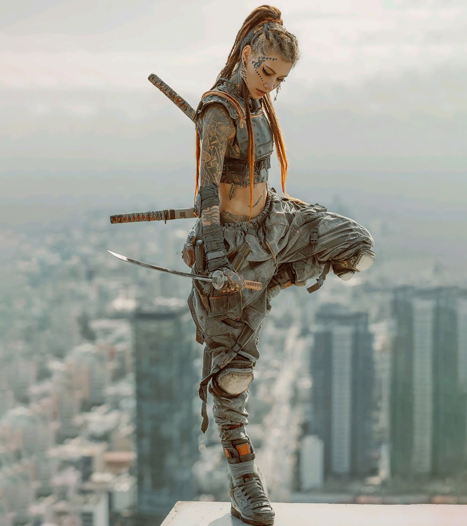 Cyberpunk Samurai: Rooftop Sentinel