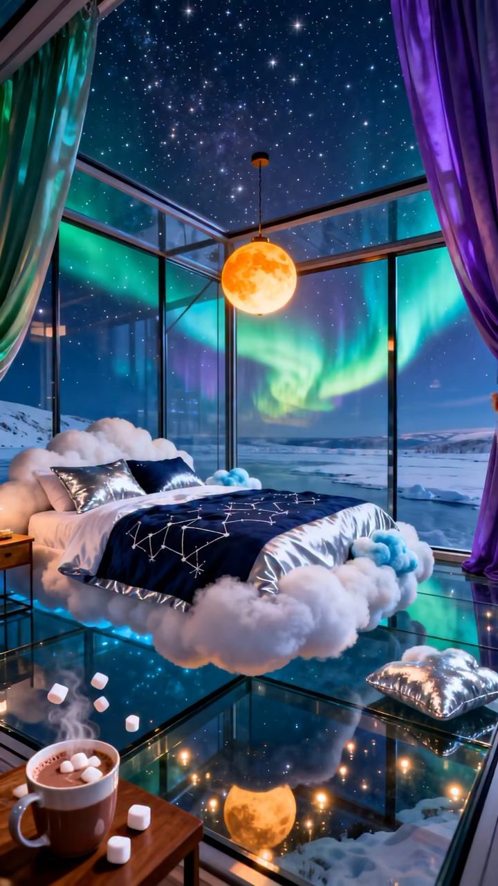 Magical Aurora Night Glass Bedroom