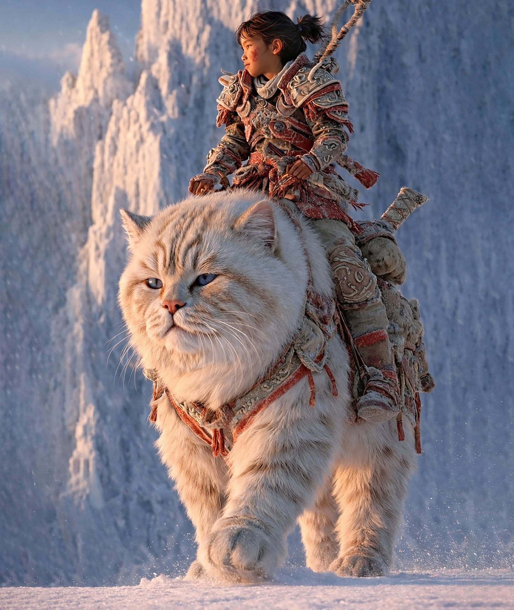 Frozen Peaks: Warrior Girl on Fluffy Cat