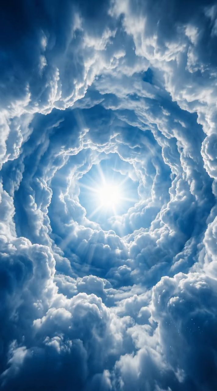 Spiraling Cloud Tunnel to Blinding Sun