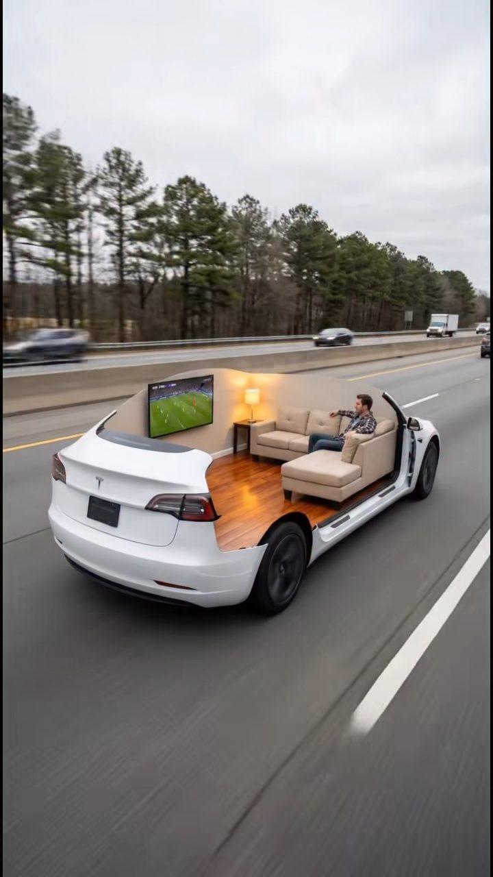 Surreal Tesla Living Room Highway Drive