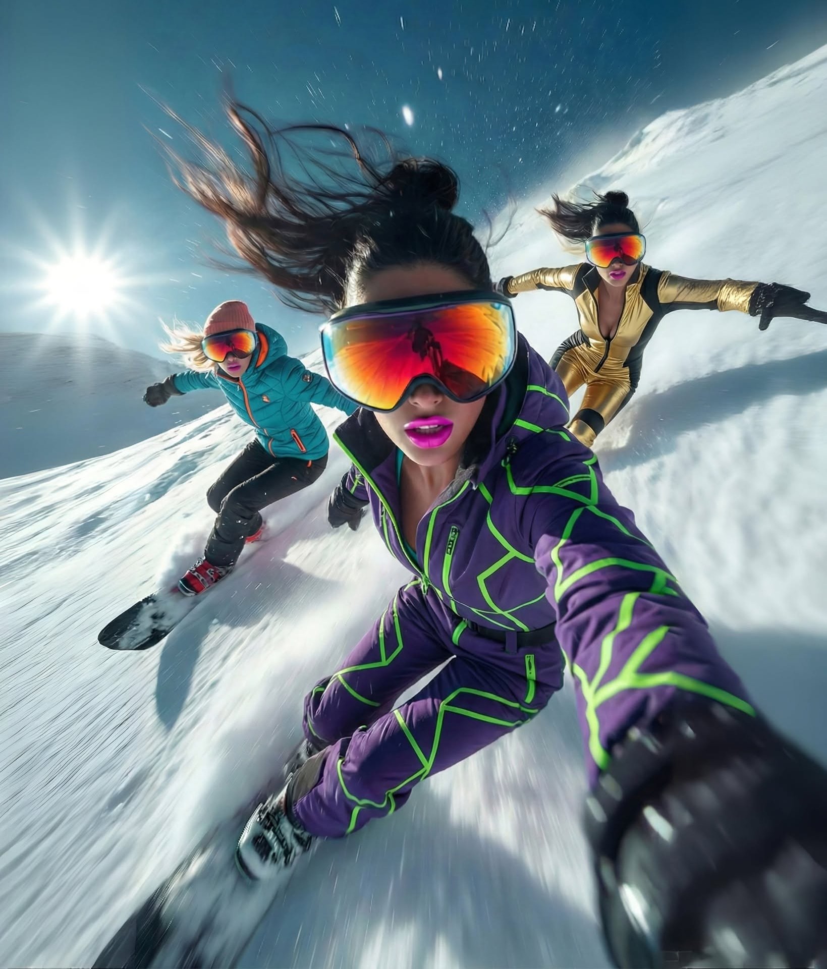 Futuristic Women Snowboarding Selfie