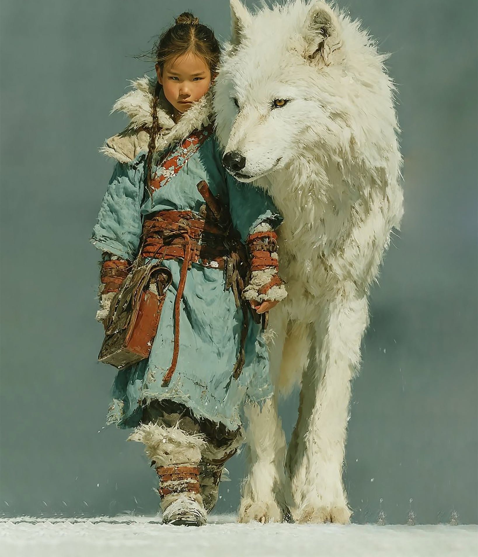Snow Warrior and Her Majestic White Wolf