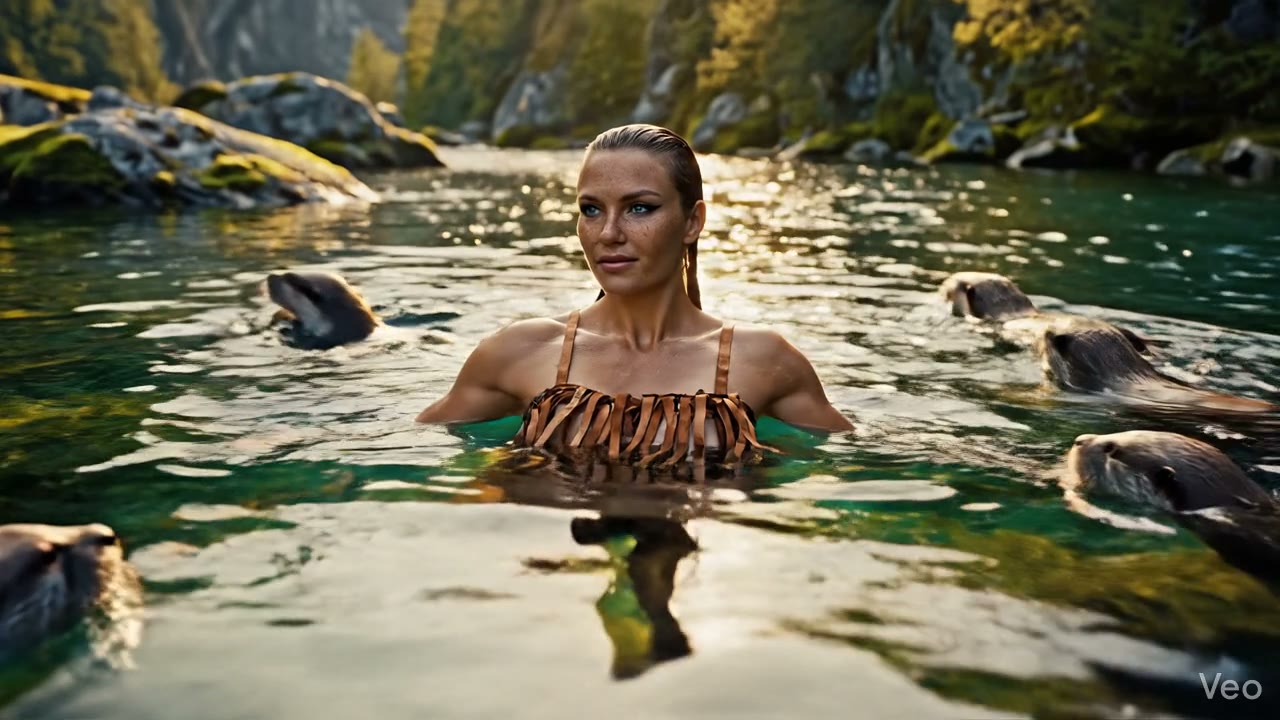 Athletic Nordic Nymph Swimming with Otters