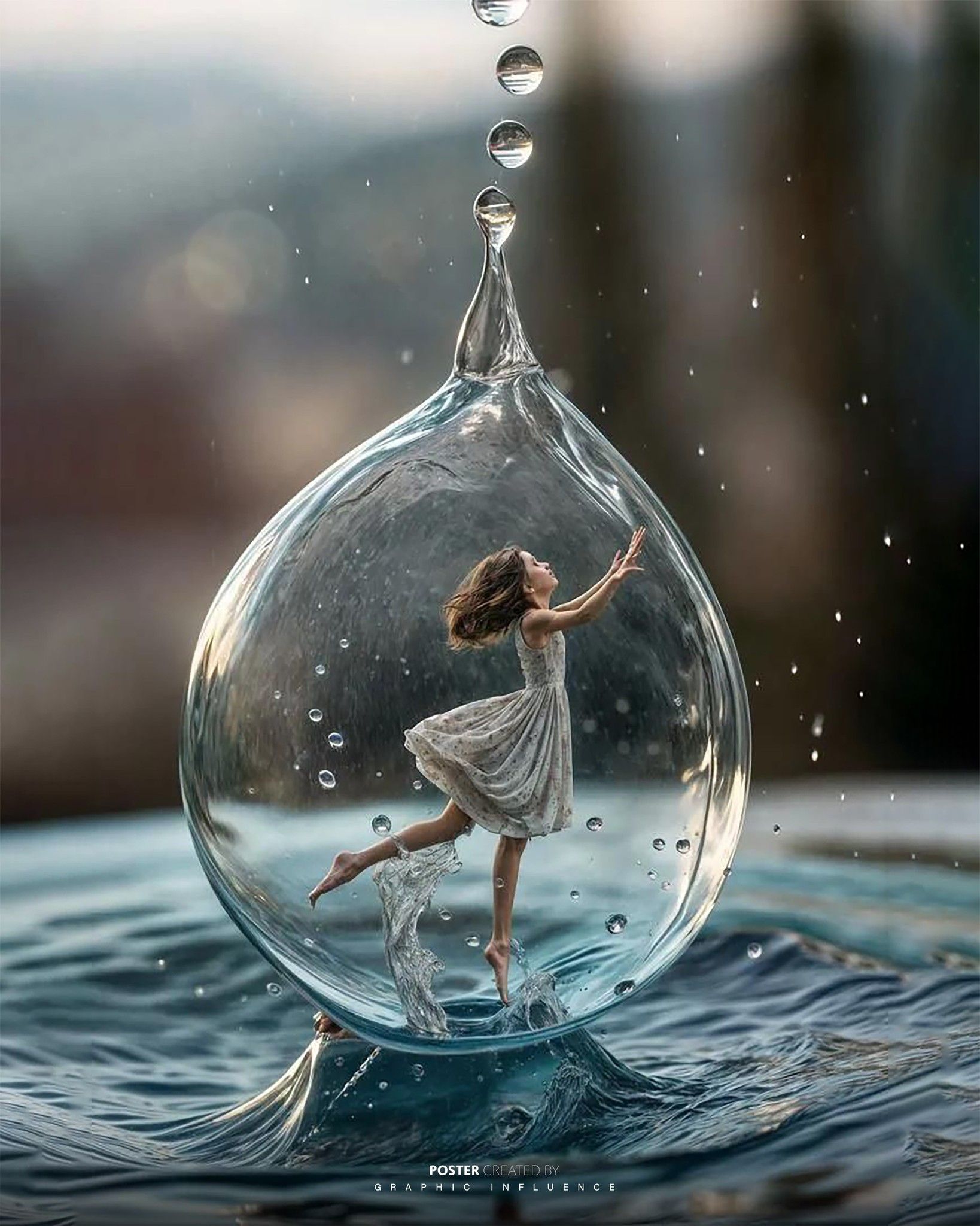 Girl Dancing in a Giant Ocean Droplet