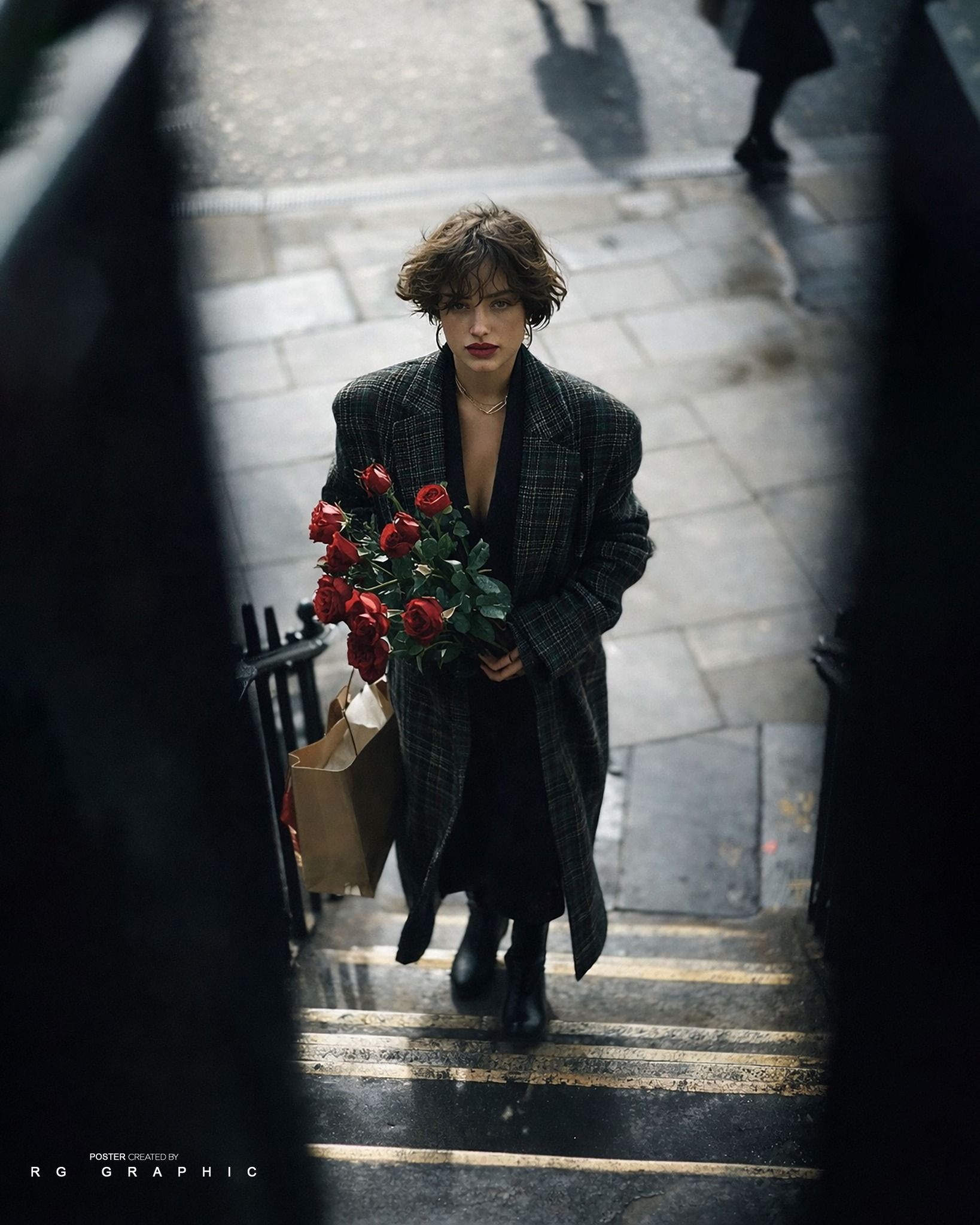 Red Roses on a Rainy Stone Street