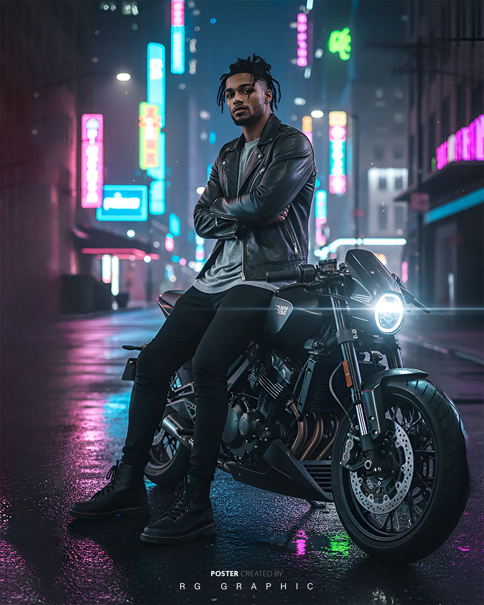 Cyberpunk Biker in Neon City Night