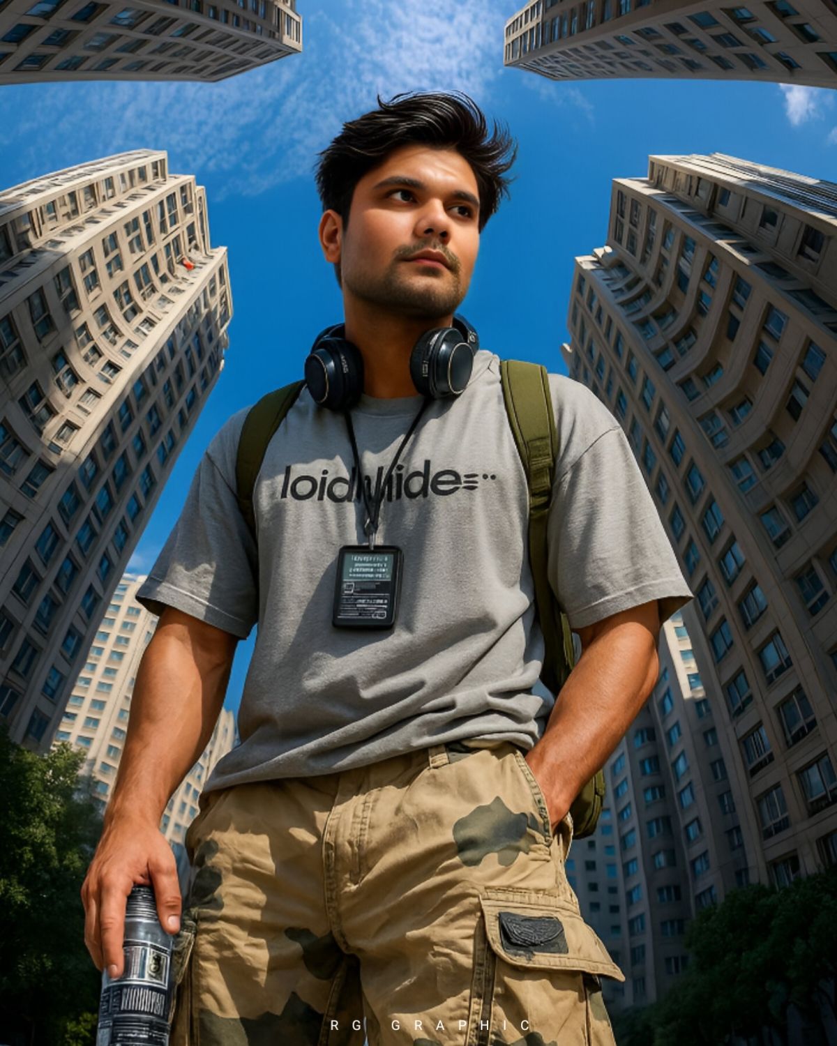 Urban Hero Beneath Towering Skyscrapers