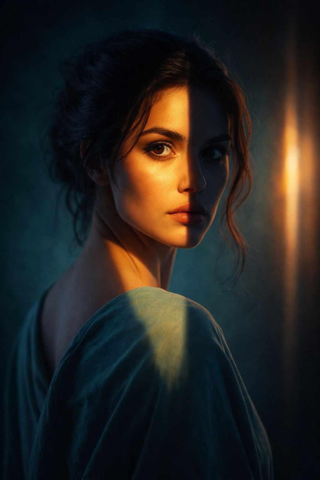 Gilded Shadow in Teal Vertical Chiaroscuro