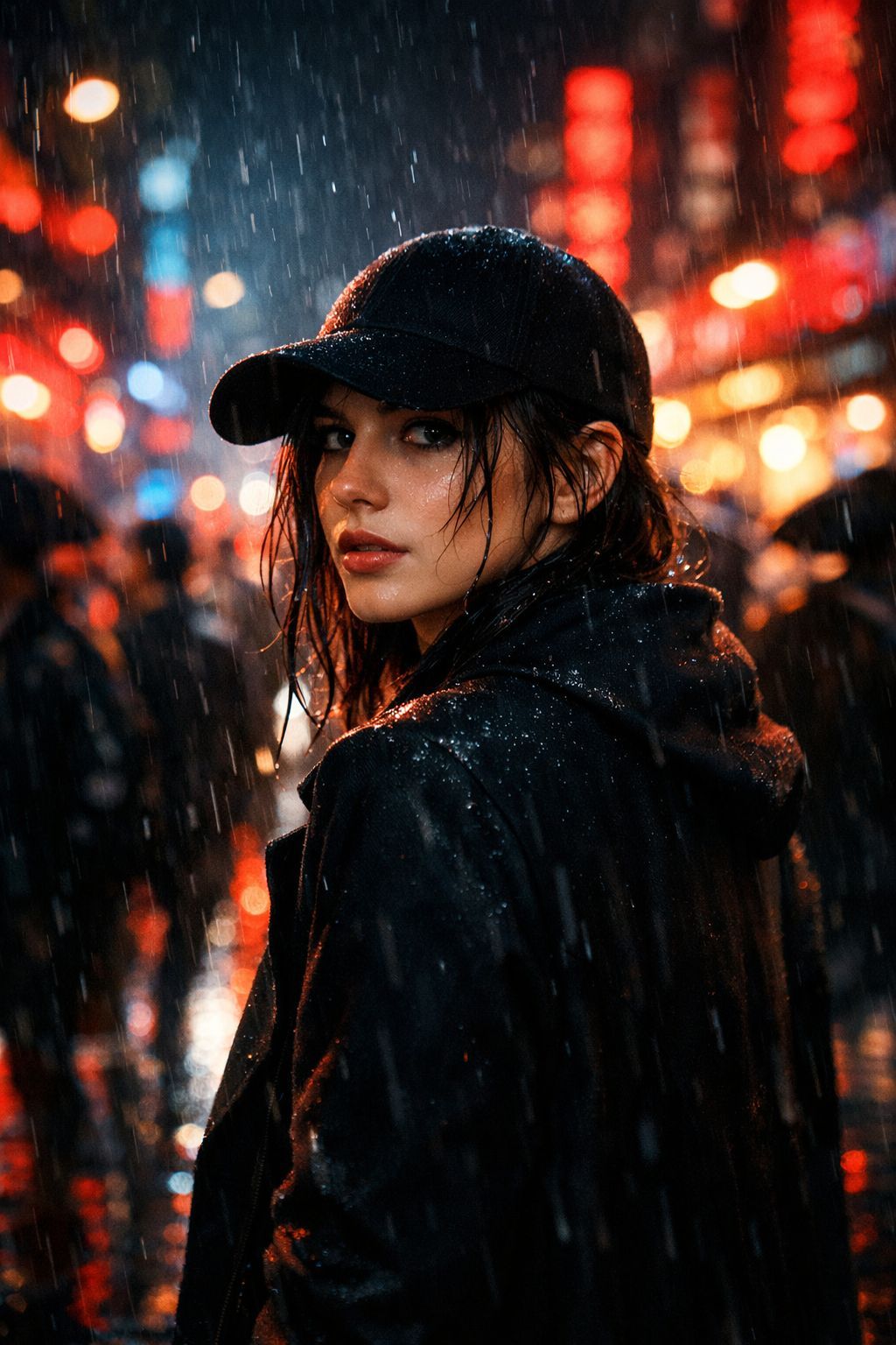 Neon Rain Over Her Shoulder