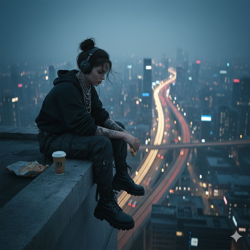 Urban Solitude Above the Neon Horizon