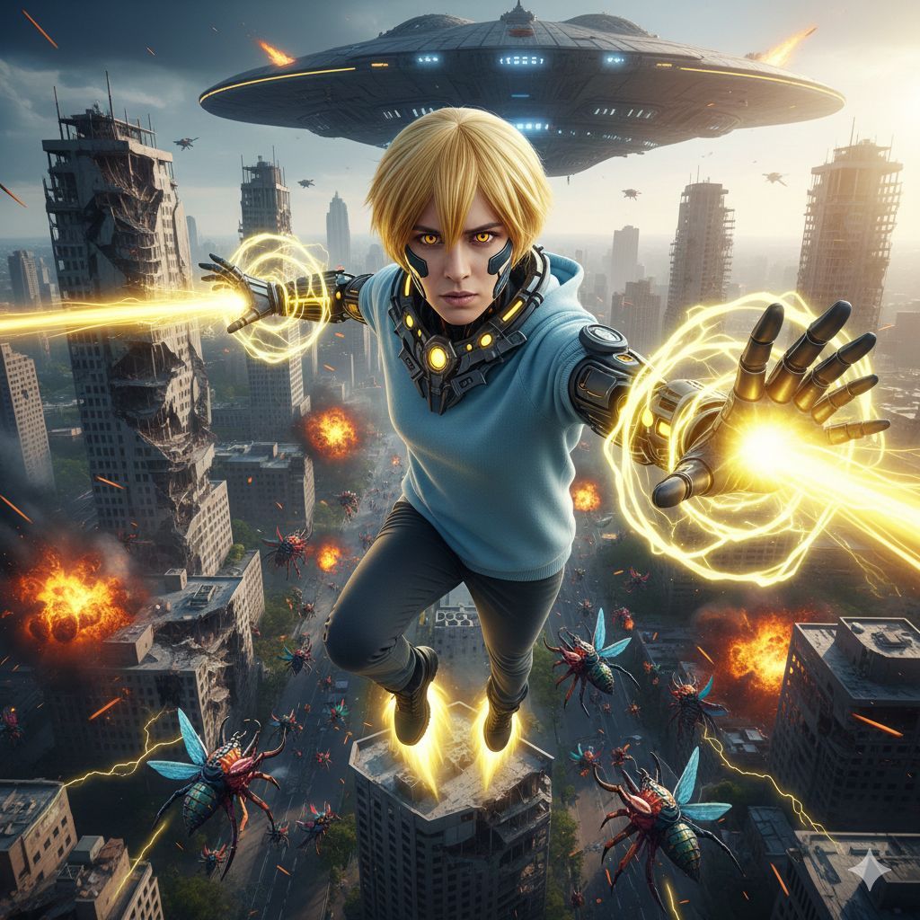 Golden Cyborg Hero in Ruined City Battle