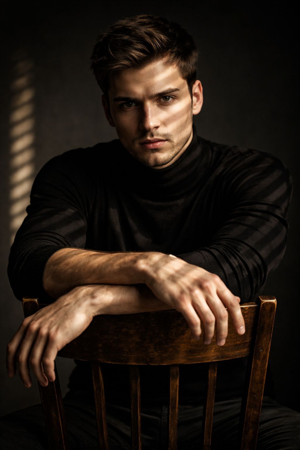 Shadowed Noir Portrait in Black Turtleneck