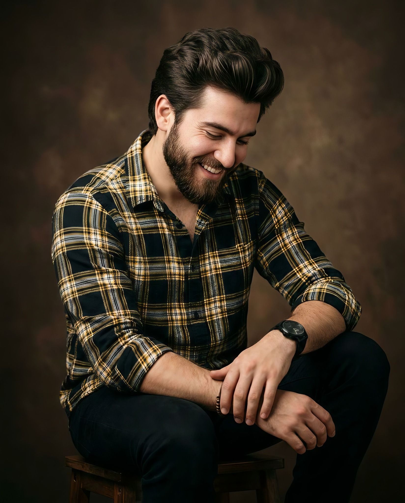 Candid Cinematic Studio Portrait in Plaid