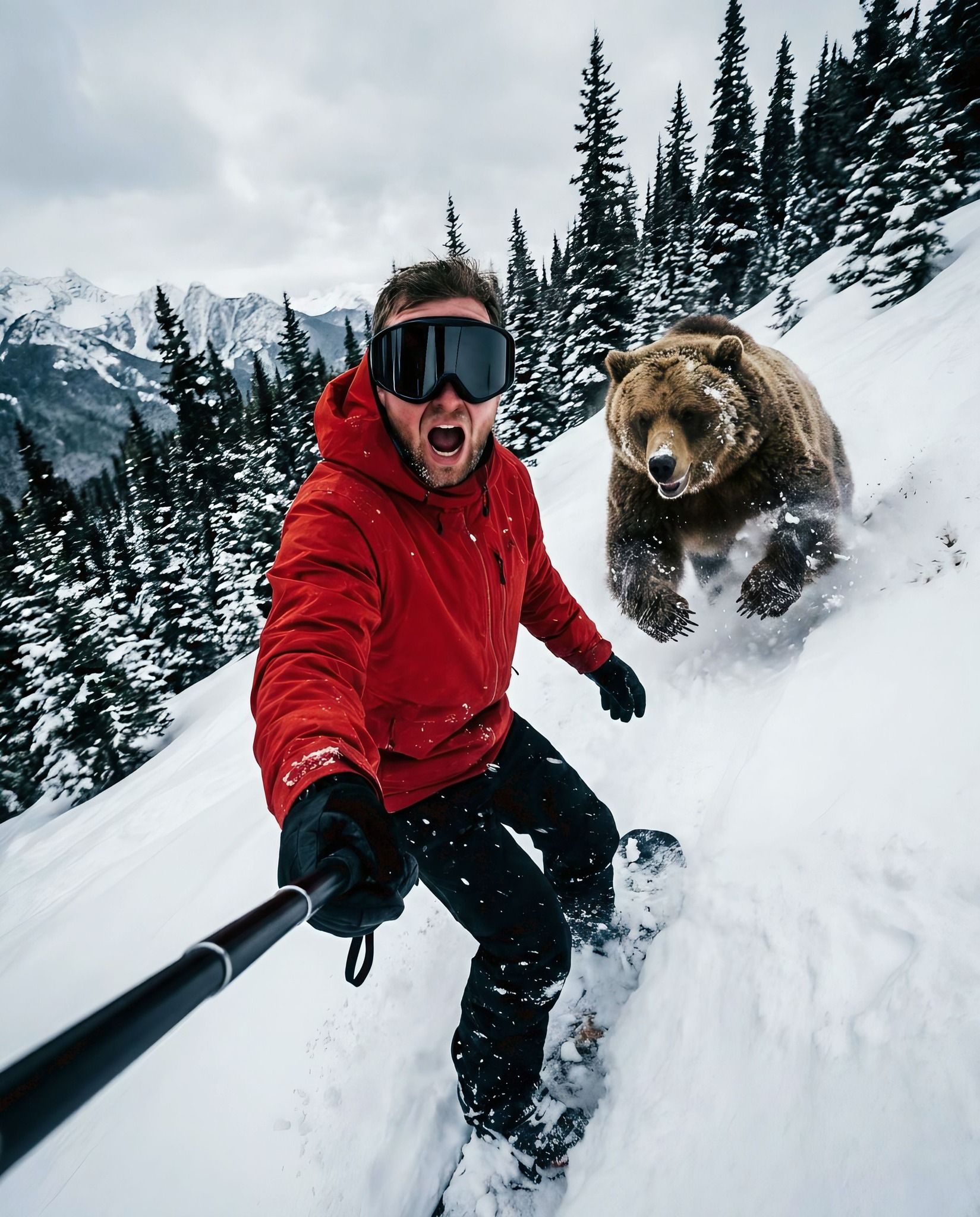 Avalanche Thrill: Man Outrunning a Charging Bear