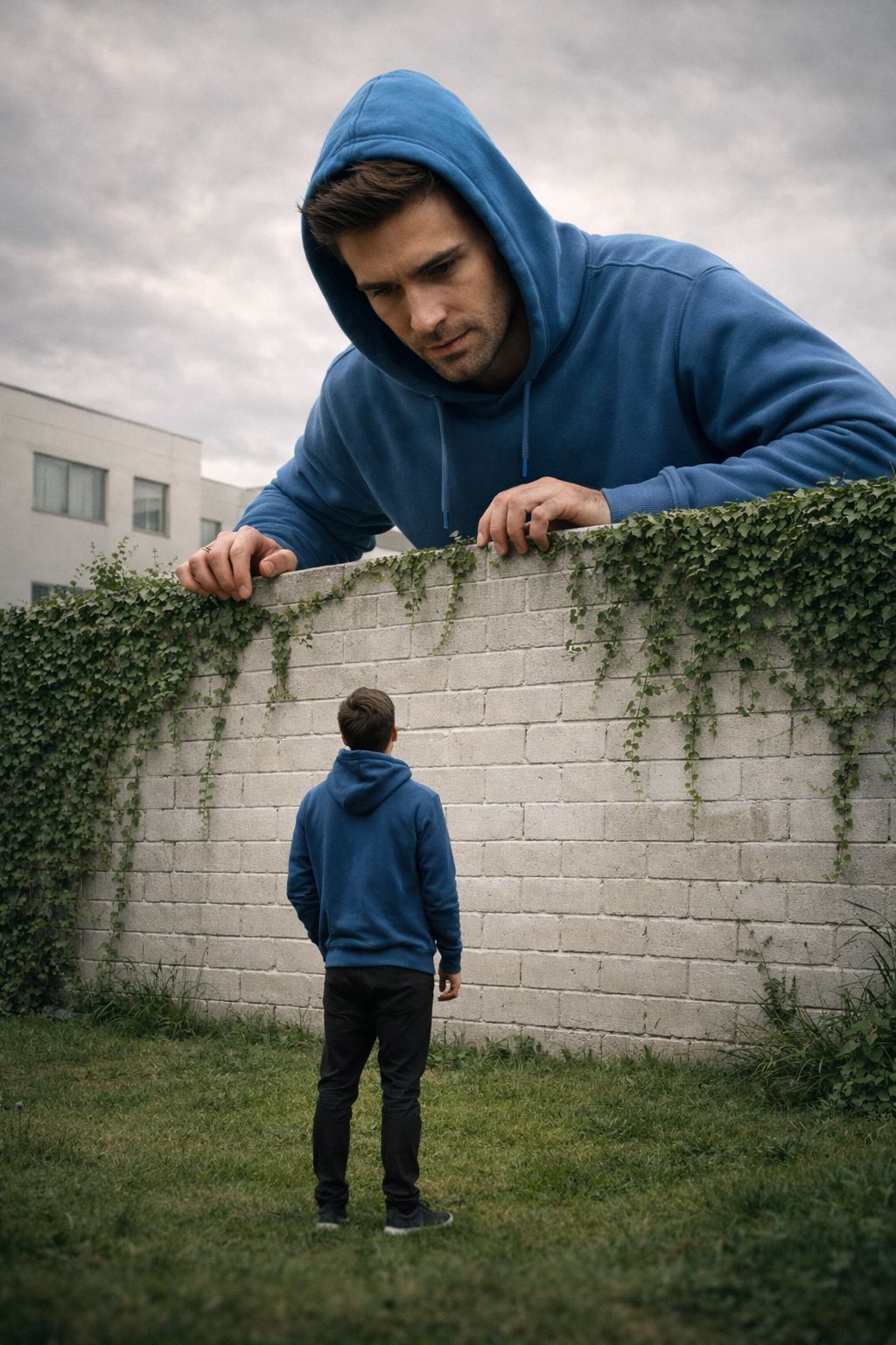 Giant in Blue Meets His Tiny Double