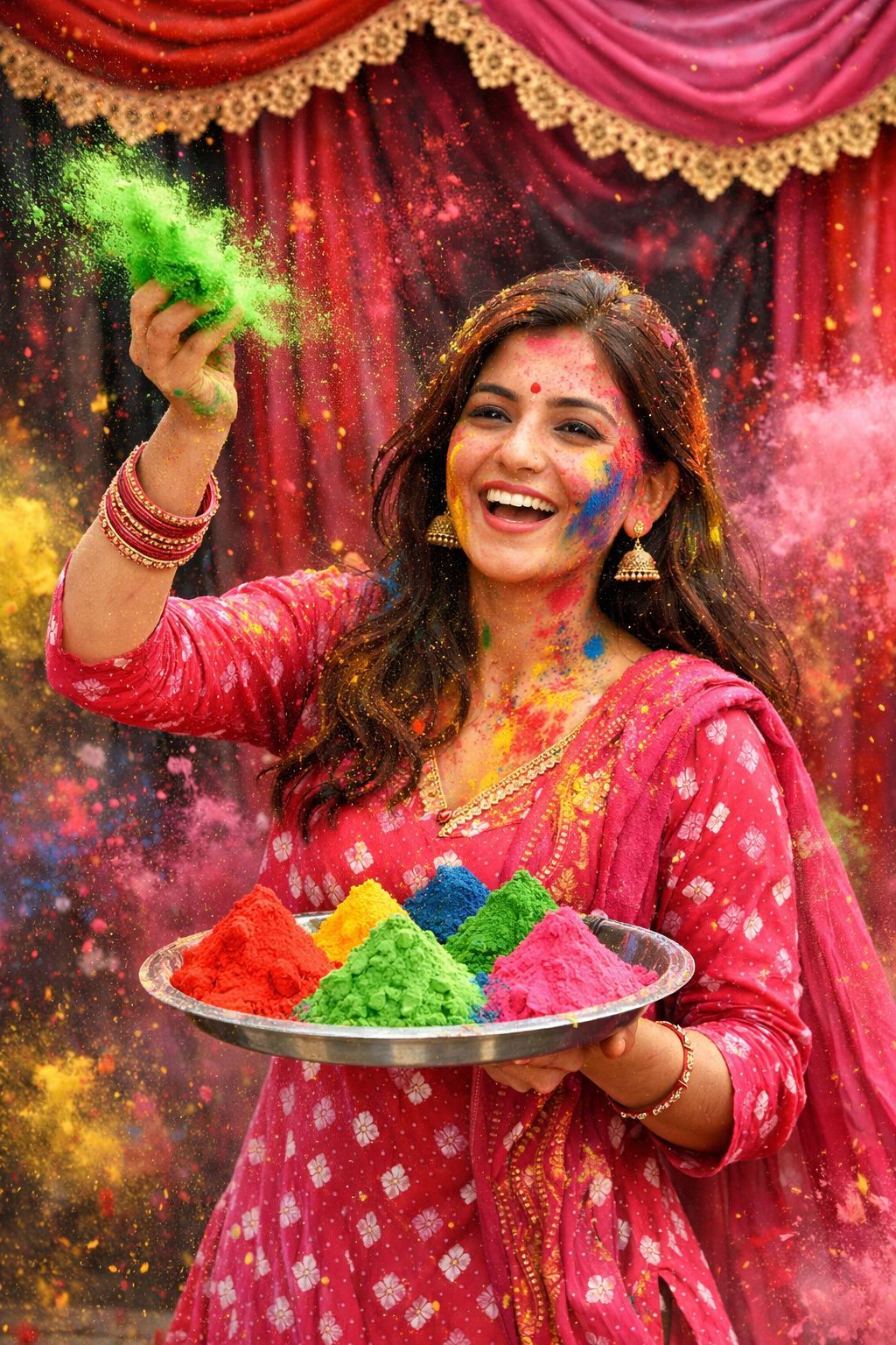 Vibrant Holi Celebration in Pink Bandhani