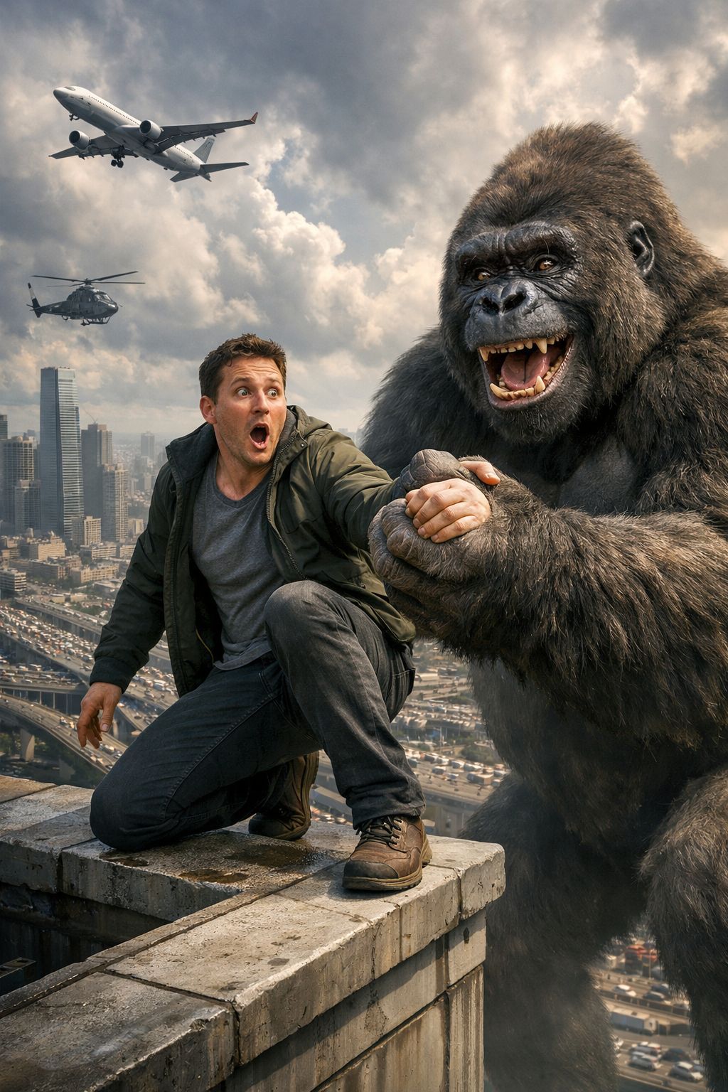 Unexpected Rooftop Rescue by a Giant Gorilla