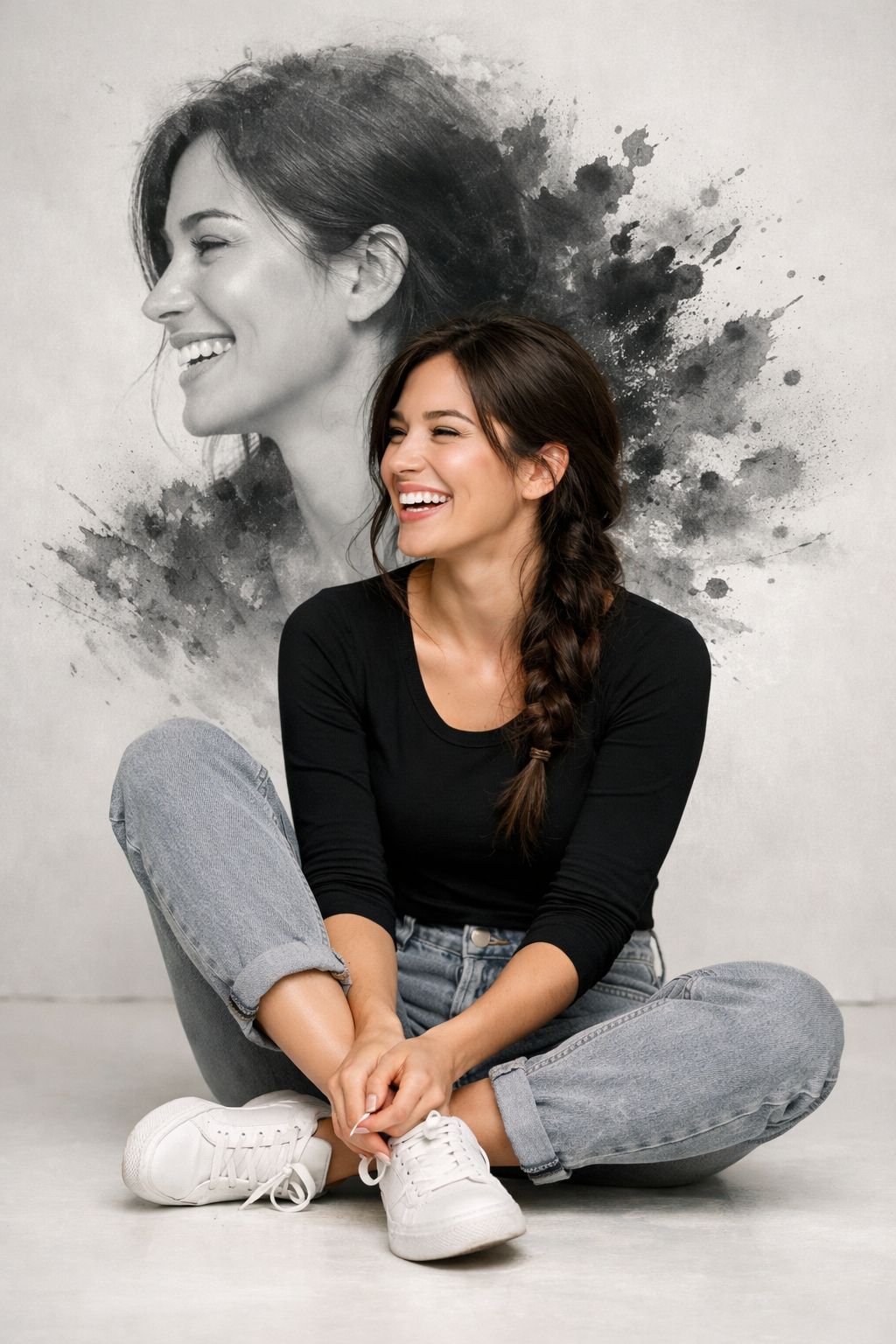 Modern Studio Portrait with Artistic Ink Backdrop