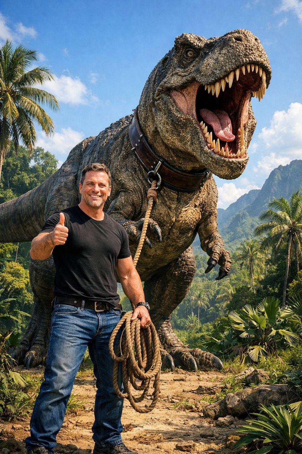 Man Walking His T-Rex in the Jungle