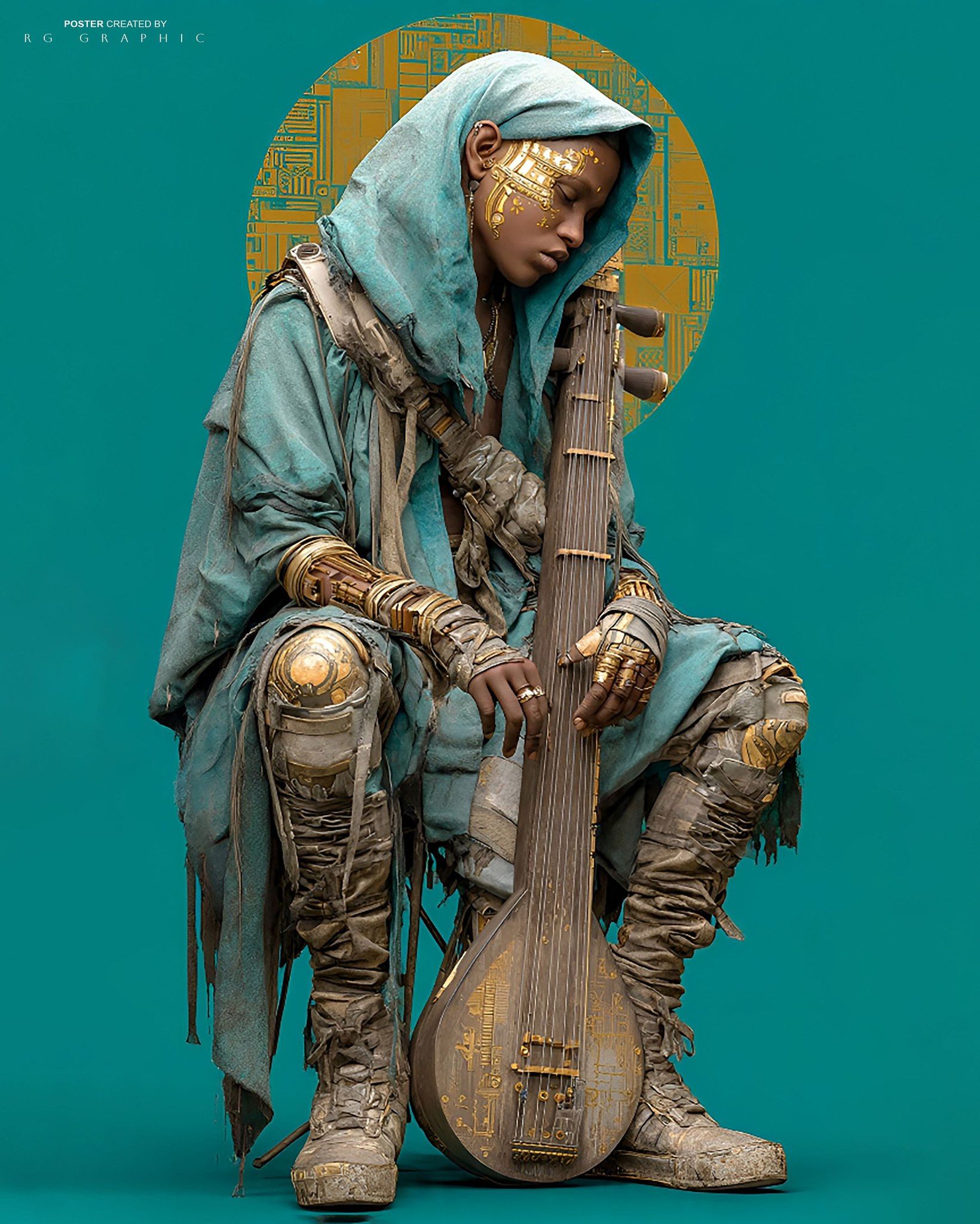Golden Halo Afrofuturist Lute Player