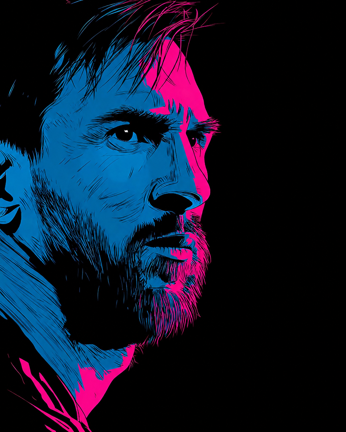 High-Contrast Neon Cyberpunk Bearded Portrait