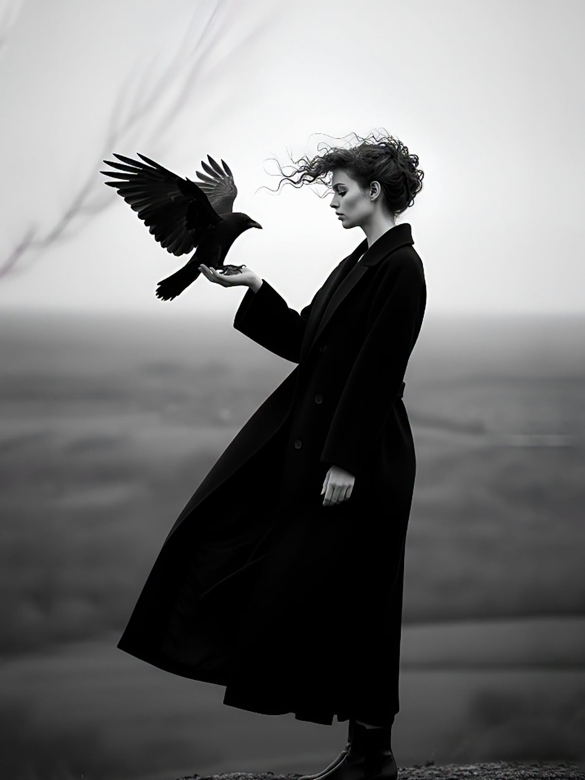 Monochrome Mystery: Woman, Raven, Windswept Hill