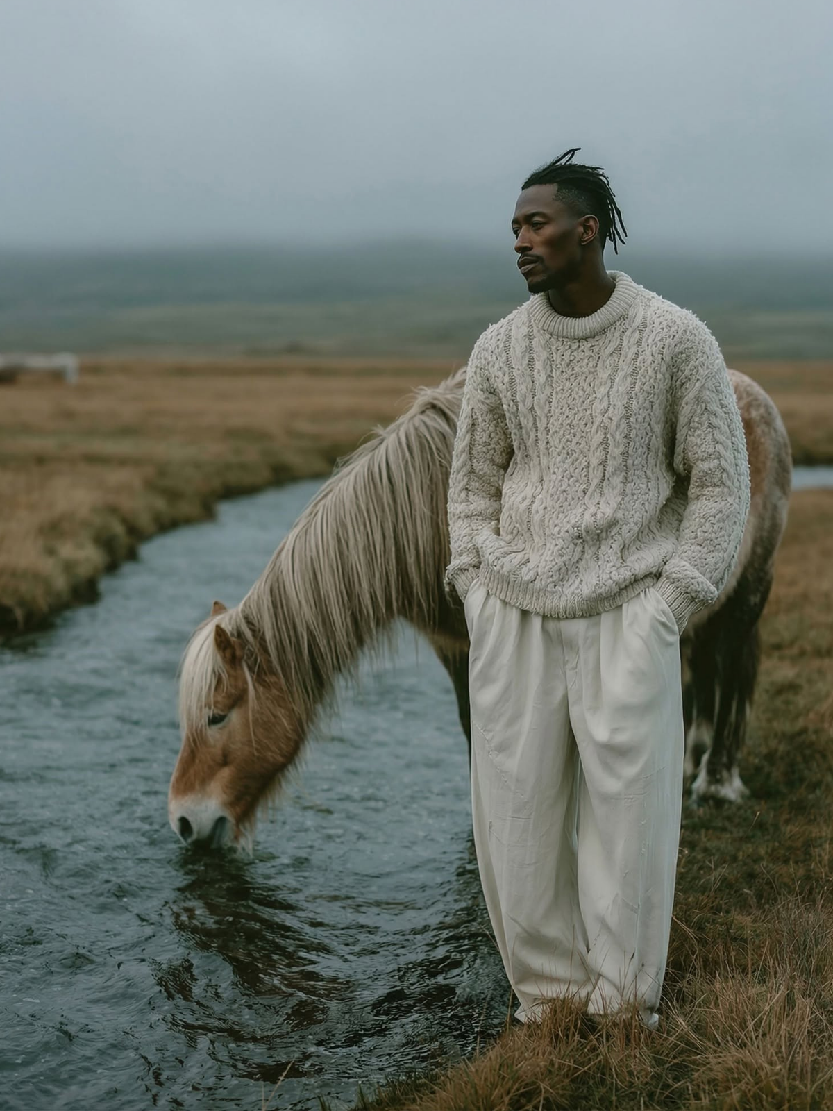 Misty Countryside: Man and Horse Portrait