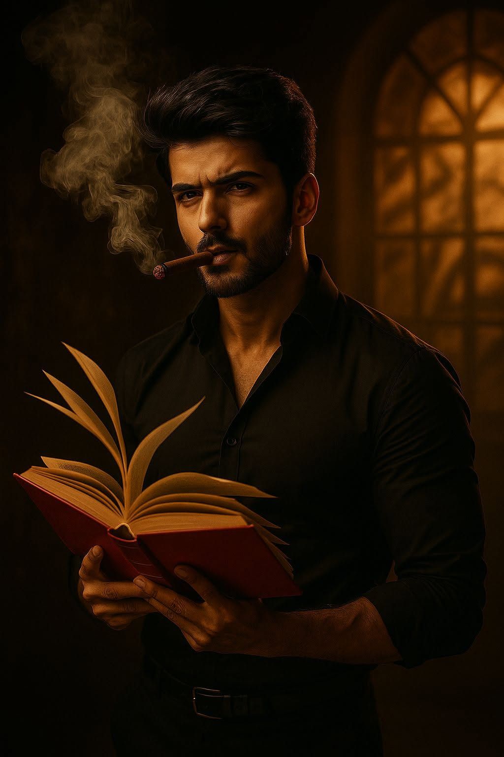 Noir Gentleman: Book, Cigar, Dramatic Smoke