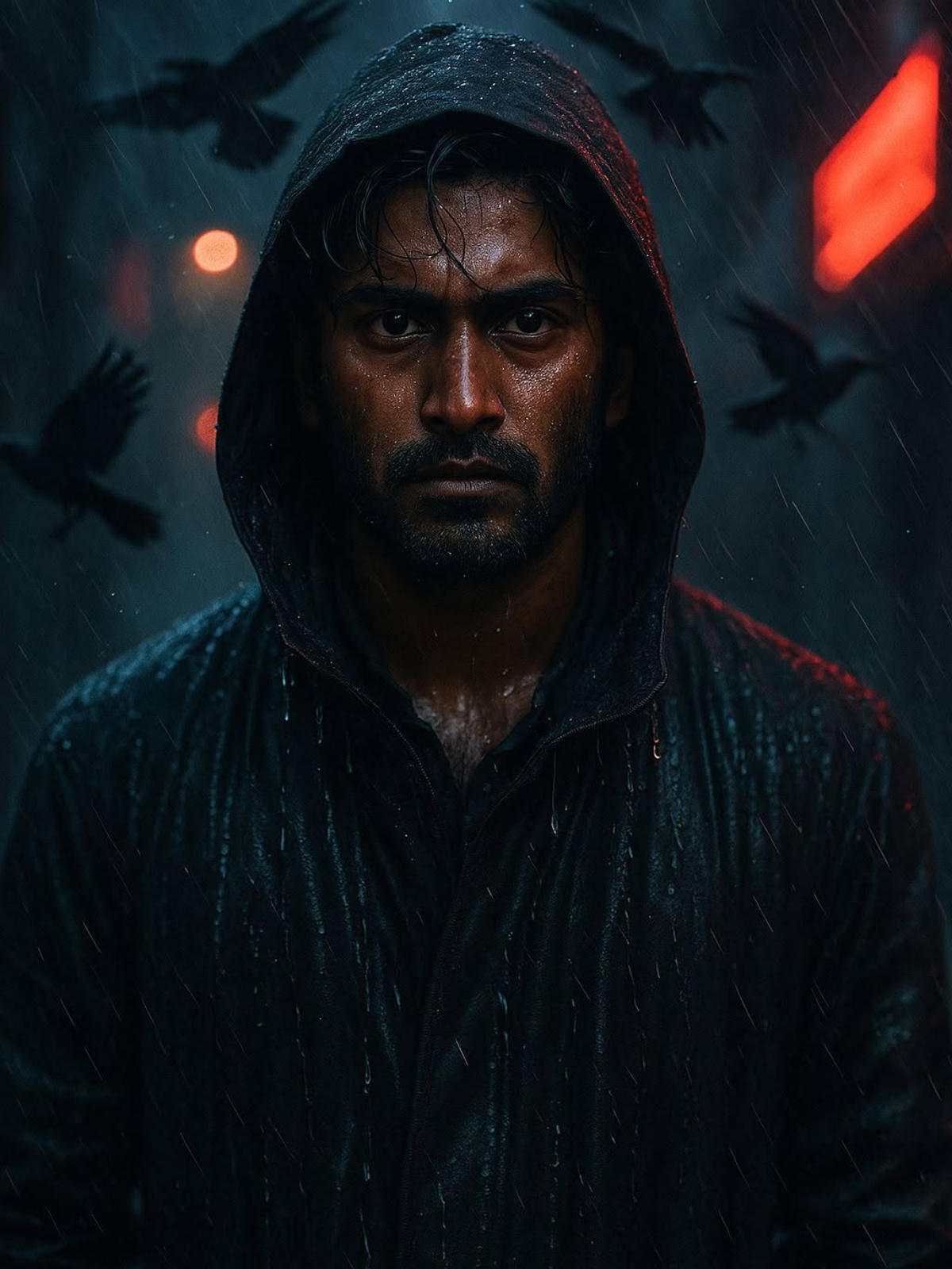 Drenched Urban Mystery: Neon Rain Portrait