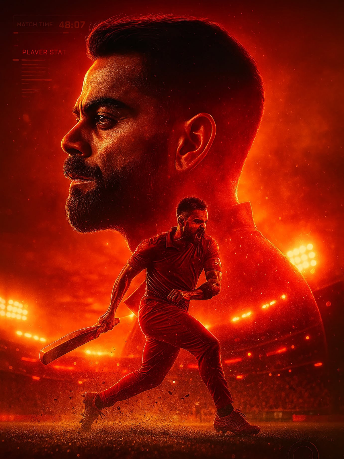 Fiery Cricketer: Cinematic Double Exposure Art