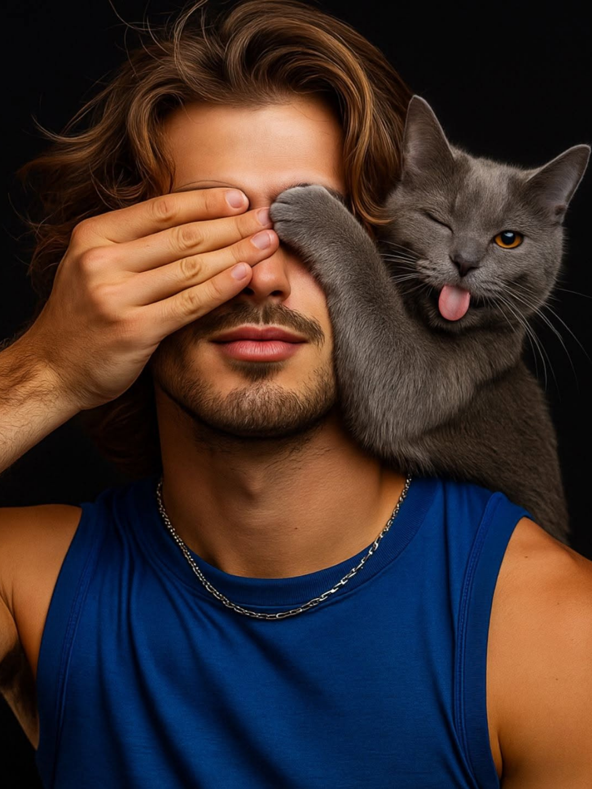 Winking Cat Covers Man's Eyes