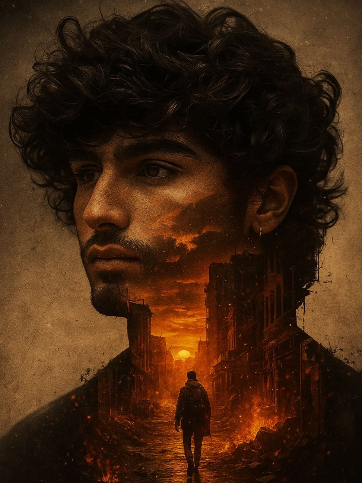 Wasteland Within: Man's Fiery Silhouette