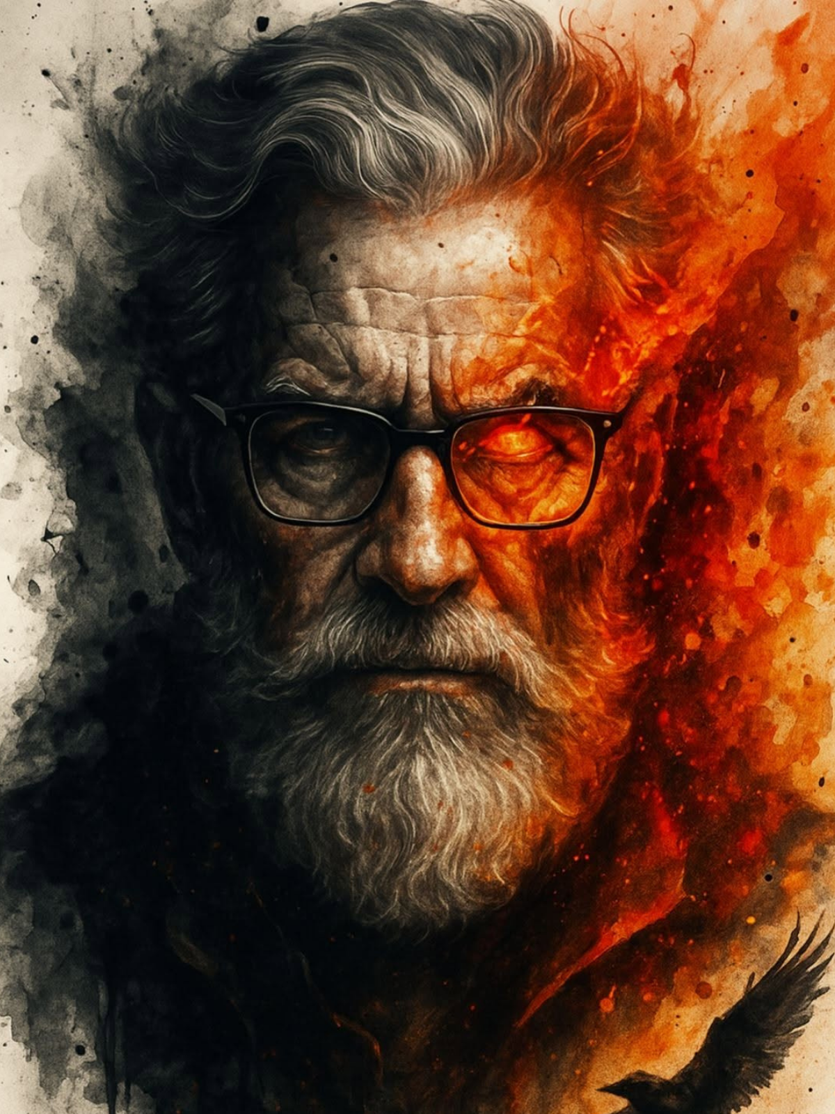 Fiery Gaze: Elder's Shadow and Flame