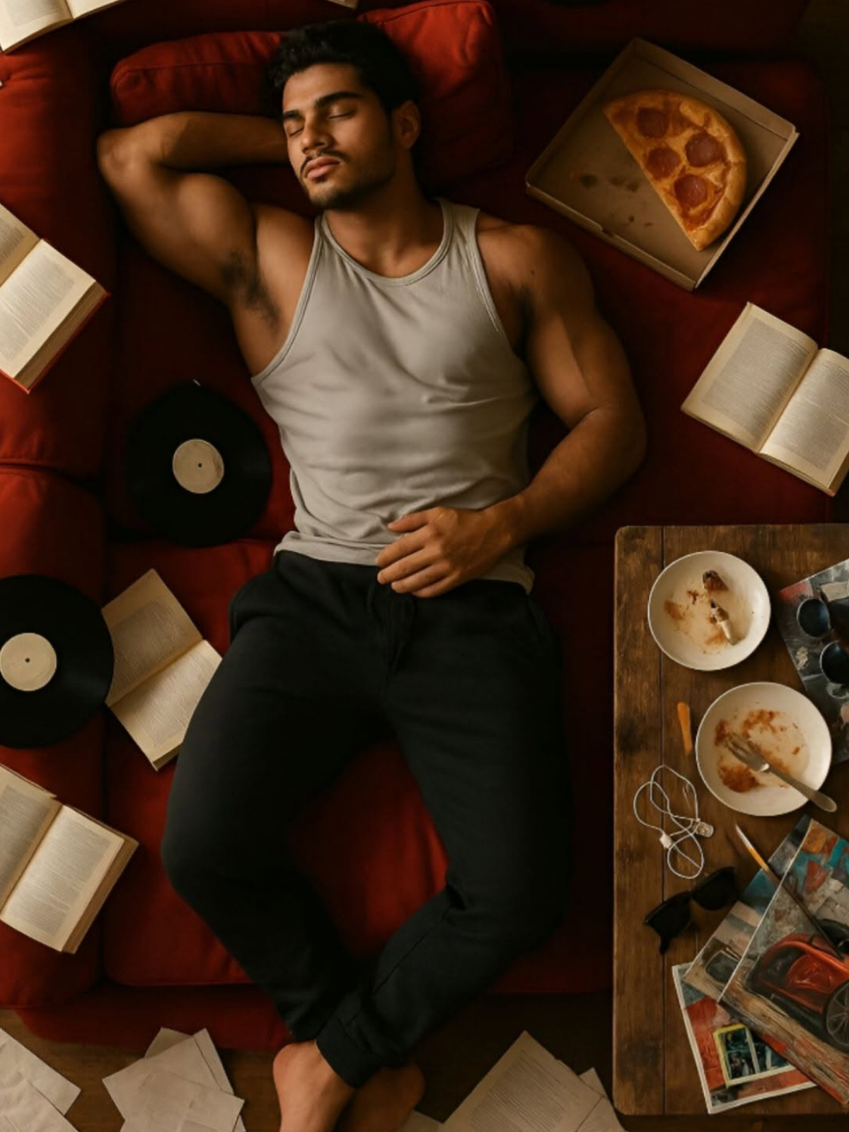 Cozy Chaos: Man Asleep, Books, Pizza