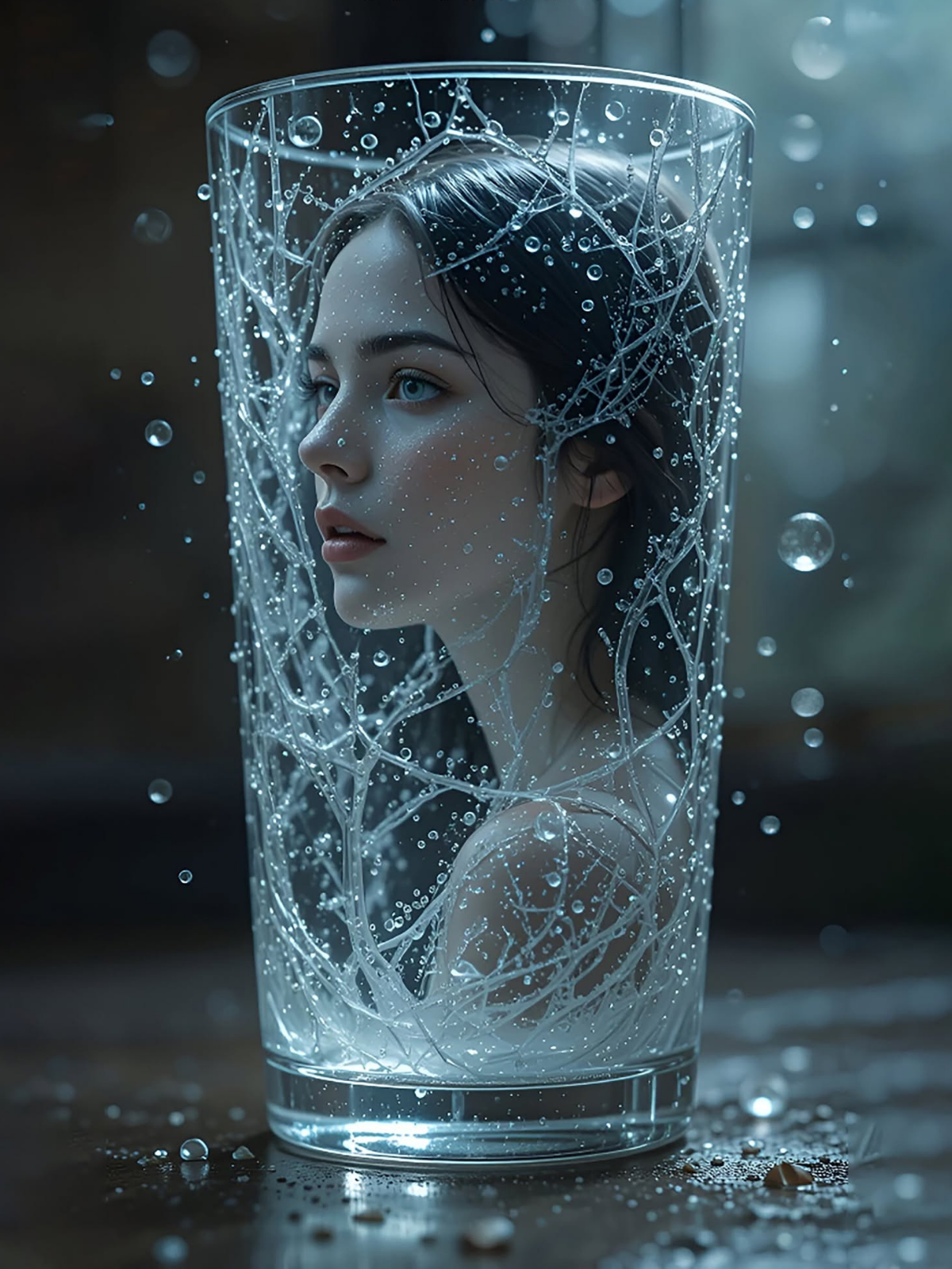 Dreamlike Woman Encased in Watery Crystal