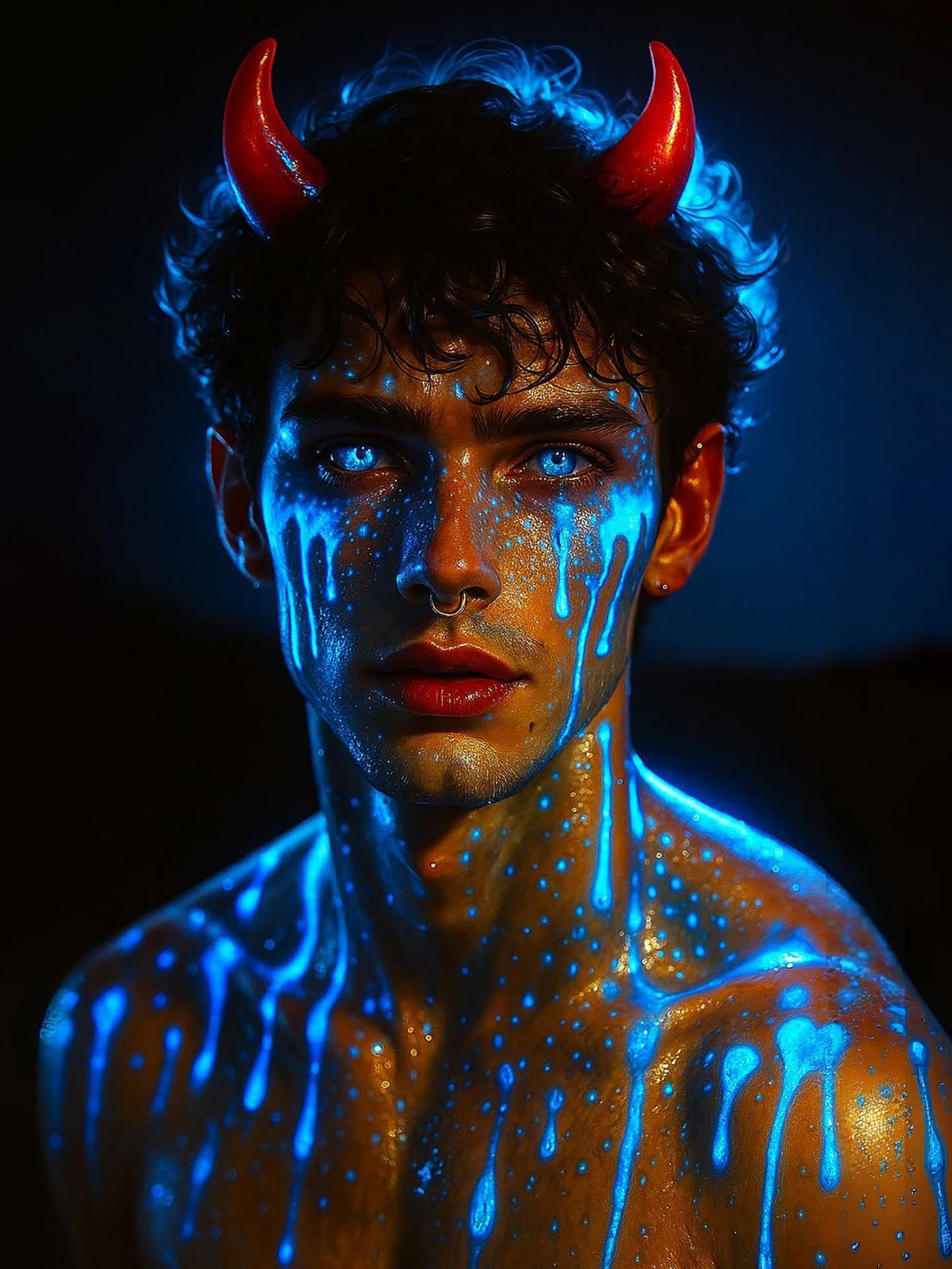 Neon Blue Liquid Demon Portrait