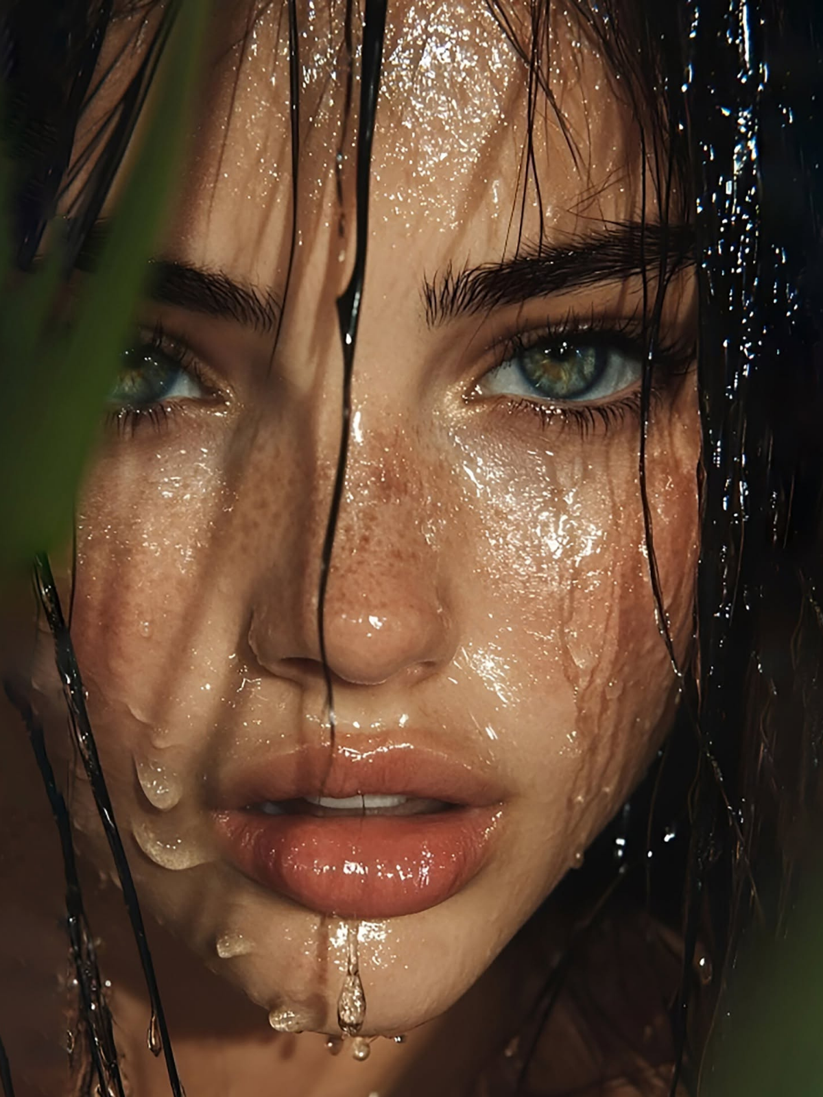 Dripping Wet Portrait: Intense Green Eyes